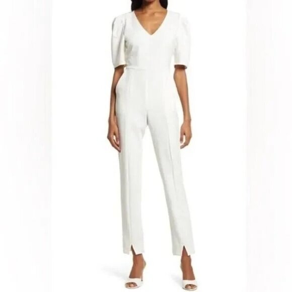 Chelsea 28 Puff Sleeve Jumpsuit Split Hem Pockets V Neck Ivory Cloud Size Small - Picture 1 of 9